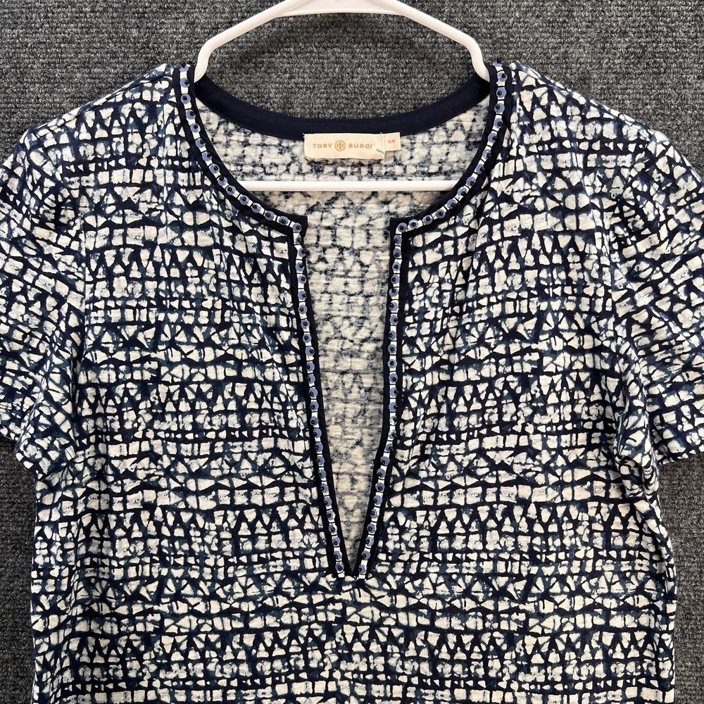 Tory Burch Indigo 100% Linen Knit Top Tunic Sz S Blue Batik Beaded Boho Luxury